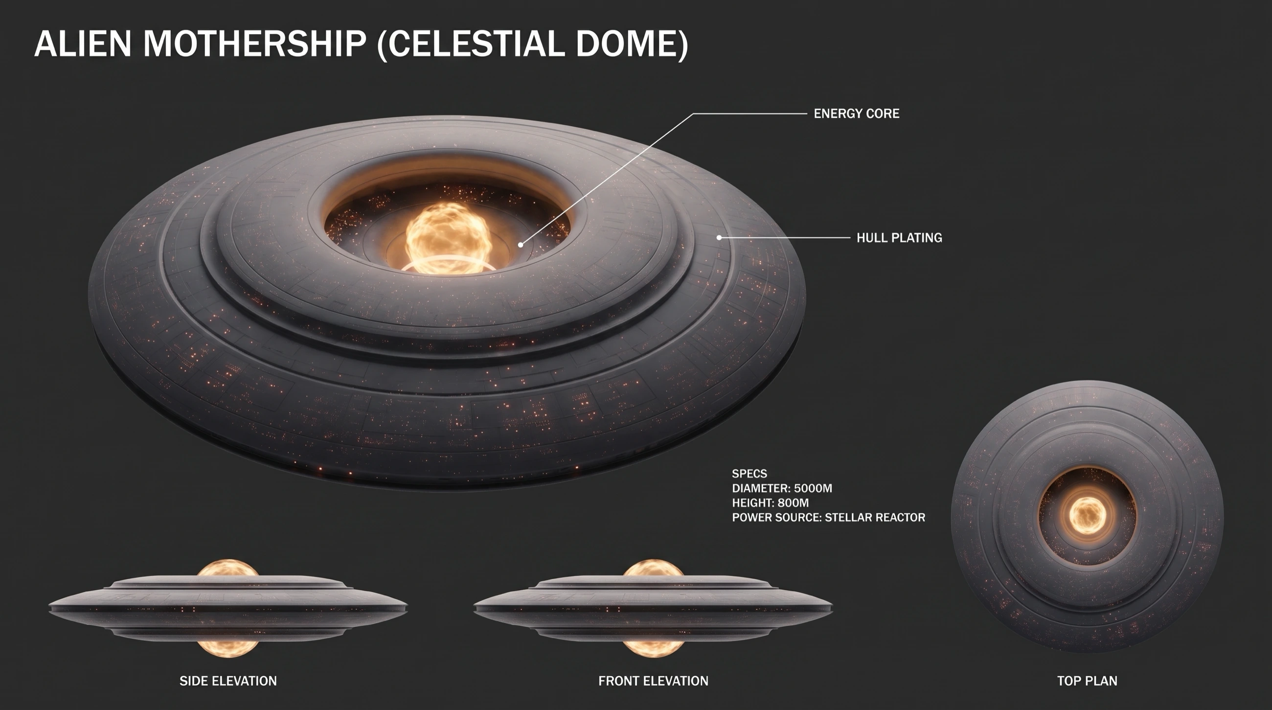 Design sheet: the Celestial Dome alien mothership, with energy core and hull plating called out, side and front elevations, a top plan and a specification block